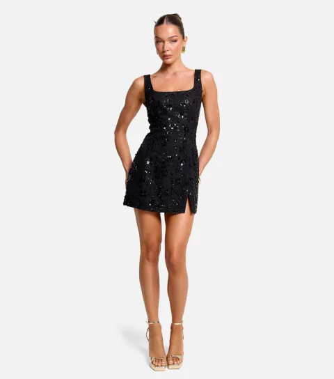 Public Desire Women's Black Sequin Embellished Square Neck Mini Dress