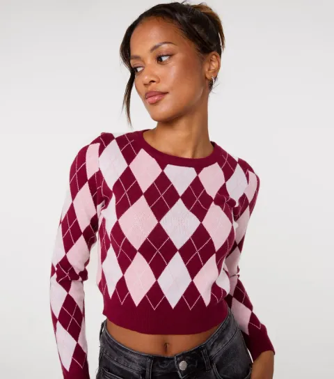 Pink Vanilla Women's Dark Burgundy Cropped Argyle Knit Jumper