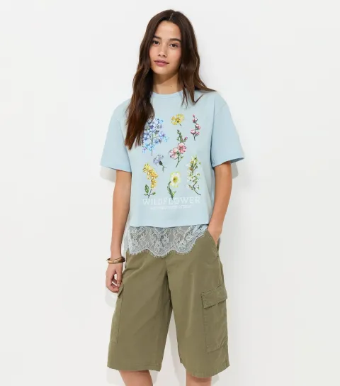 Women's Light Blue Cotton Wildflower Lace Hem Boxy T-Shirt