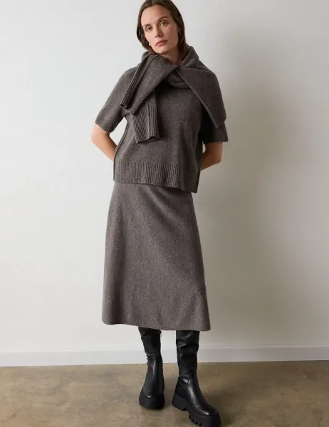 Whistles Pure Wool Midi Tiered Skirt Neutral