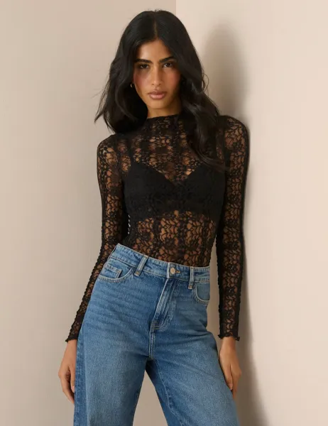 Lace High Neck Fitted Top Black