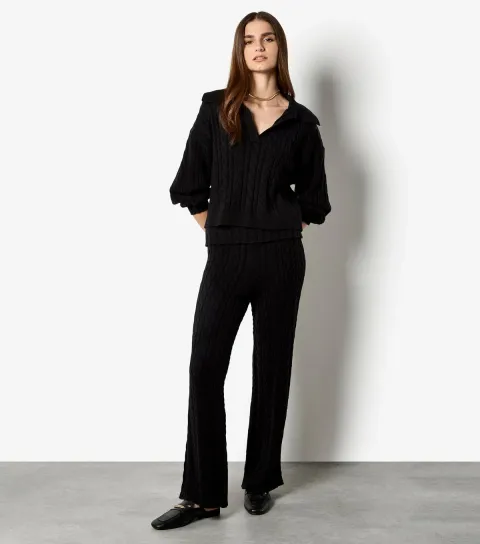 Women's Black Cable Knit Wide Leg Trousers