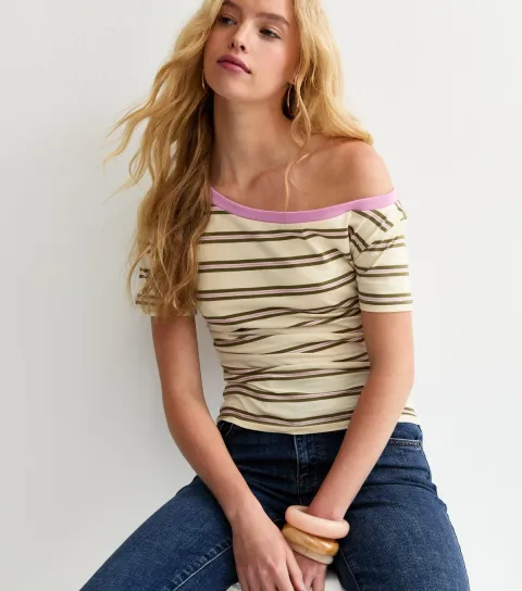 Women's Cream Striped Off the Shoulder T-Shirt