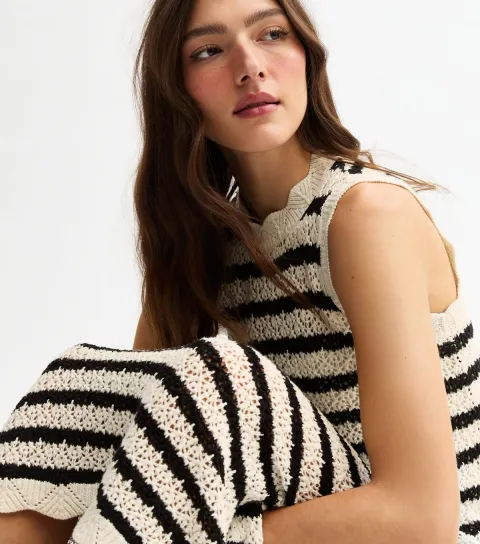 Women's Black Striped Open Knit Maxi Dress