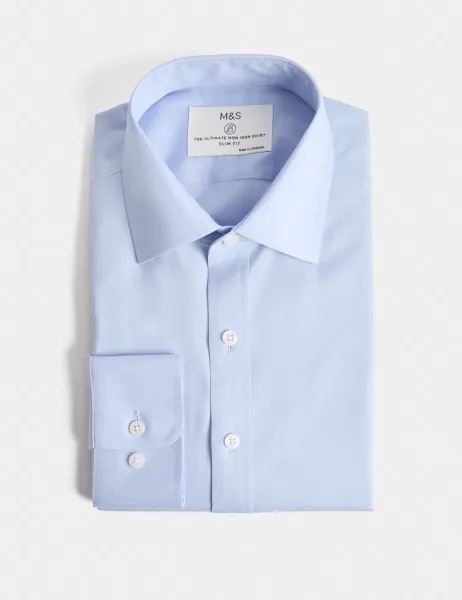 Marks & Spencer Slim Fit 2 Inch Shorter Ultimate Non Iron Cotton Shirt Blue