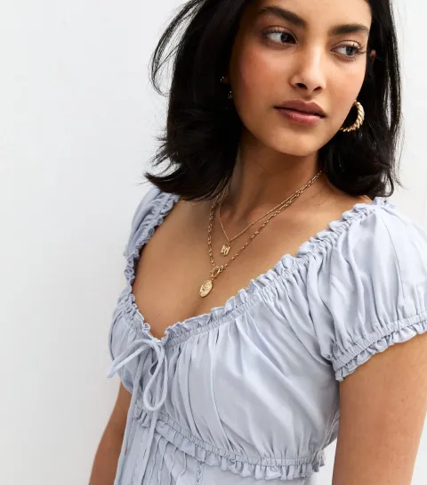 Women's Blue Tie Front Pintuck Top