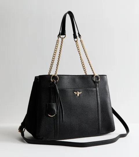 Black Faux Leather Bee Triple Compartment Tote Bag