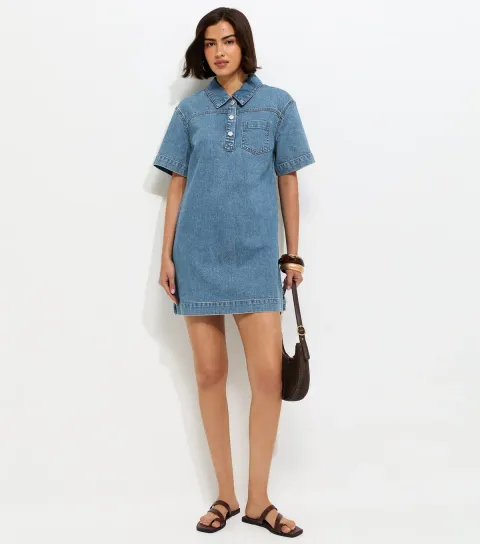 Women's Blue Denim Short Sleeve Tunic Dress