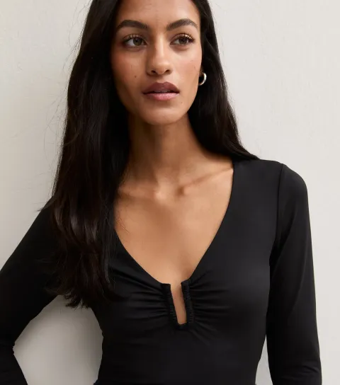 New Look Women's Petite Black Jersey Notched V-Neck Bodysuit
