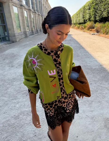 Never Fully Dressed Embroidered Crew Neck Relaxed Cardigan Khaki Mix