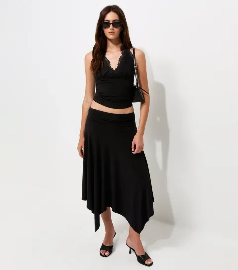 Women's Black Slinky Jersey Lace Trim Halterneck Top