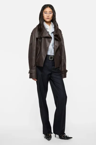 Cropped leather trench coat