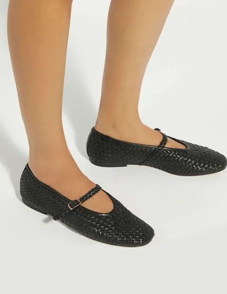 Leather Woven Mary Jane Ballet Pumps Black