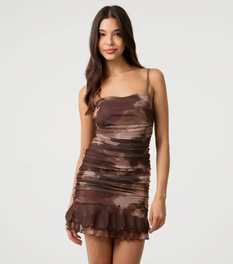 Women's Brown Floral Mesh Mini Dress