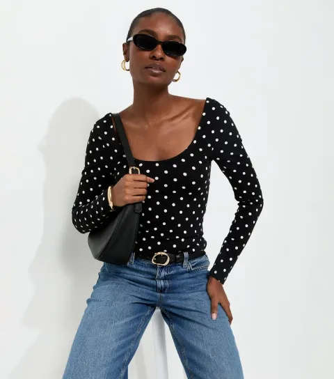 Women's Black Cotton Rich Polka Dot Long Sleeve Scoop Neck Top