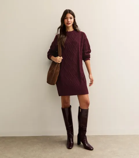Women's Dark Burgundy Cable Knit Crew Mini Dress
