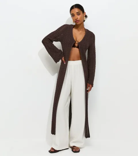 Women's Dark Brown Pointelle Longline Cardigan