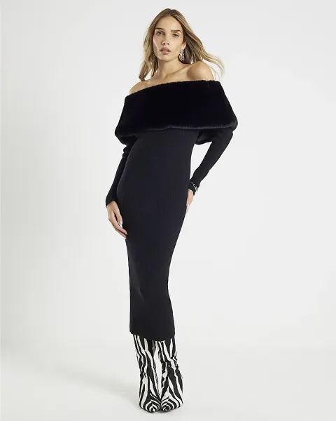 River Island Faux Fur Trim Bardot Midi Dress