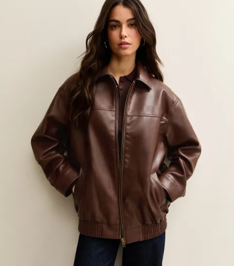 Women's Dark Brown Faux Leather Oversized Bomber Jacket