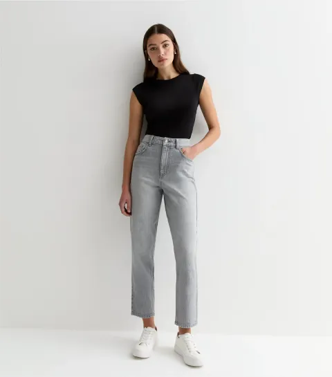 New Look Women's Pale Grey High Waist Mom Jeans