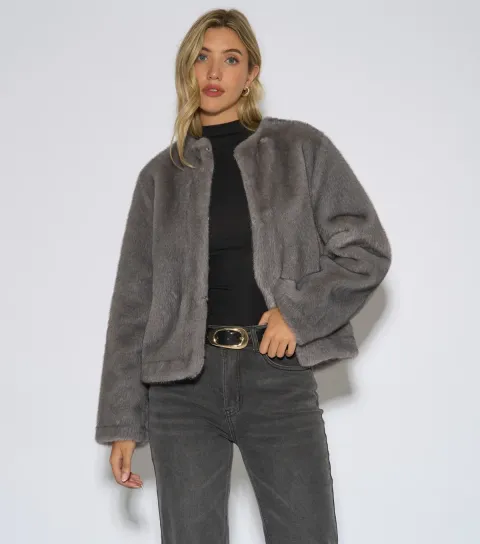 Gini London Women's Grey Faux Fur Collarless Jacket