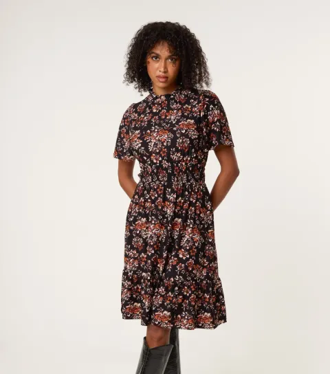 Blue Vanilla Women's Black Floral Print High Neck Mini Dress