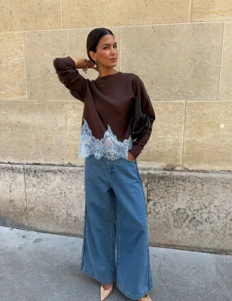 Never Fully Dressed Lace Detail Relaxed Jumper Brown Mix