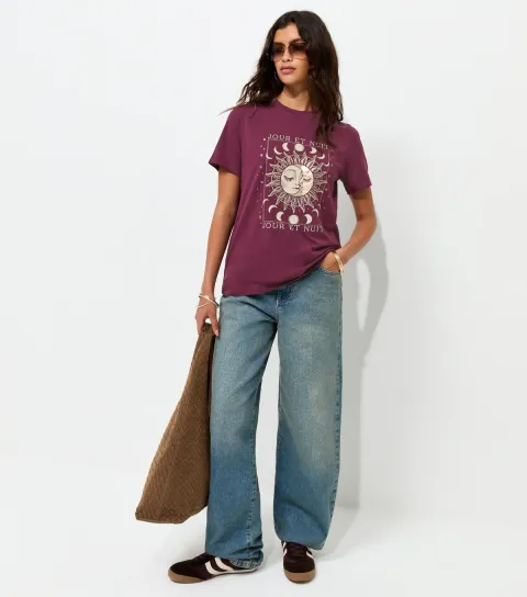 Women's Dark Burgundy Cotton Jour Et Nuit Print Relaxed T-Shirt