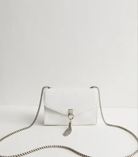 White Faux Leather Snake Embossed Tassel Crossbody Bag Vegan