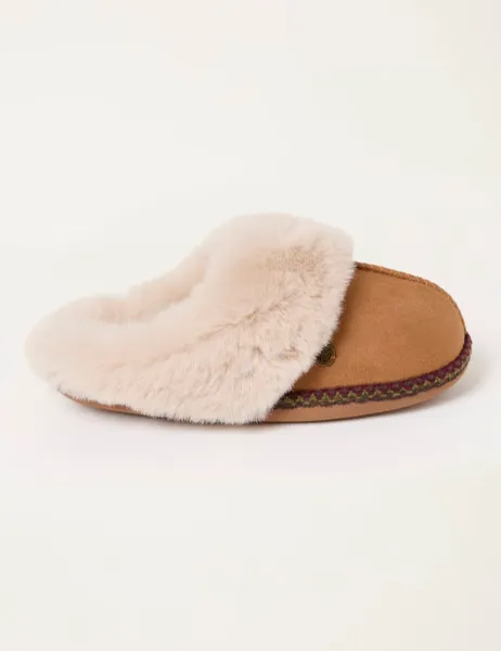 FatFace Faux Fur Lined Mule Slippers Brown Mix