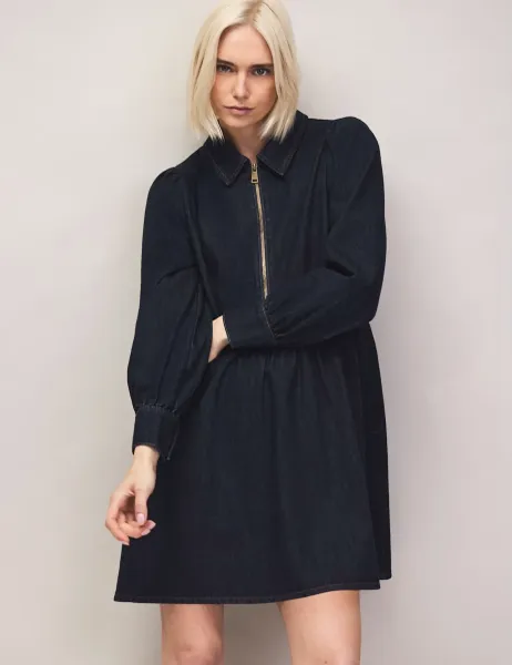 RO&ZO Denim Zip Front Mini Waisted Dress Blue Denim