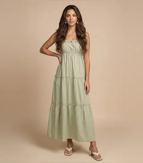 Women's Light Green Cotton Ruched Tiered Maxi Dress
