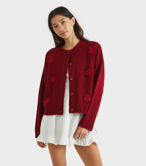 Women's Dark Burgundy Tomato Appliqué Cardigan