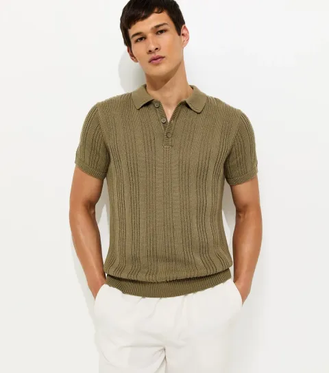New Look Men's Khaki Regular Rib Knit Striped Polo Shirt