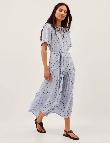 Monsoon Printed Embroidered Midi Smock Dress Blue Mix