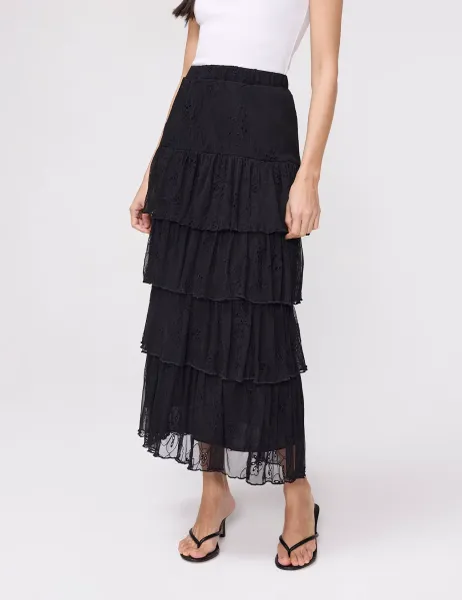 Finery London Broderie Midaxi Tiered Skirt Black
