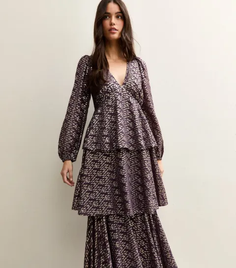 Women's Purple Metallic Jacquard Tiered Maxi Dress