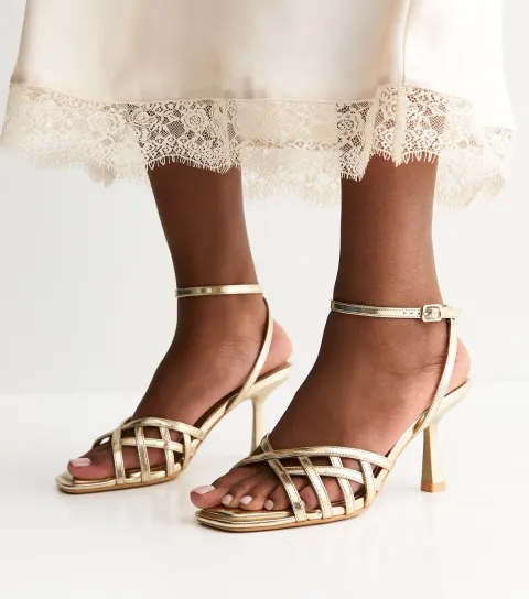 Women's Gold Faux Leather Cage Stiletto Sandals Vegan