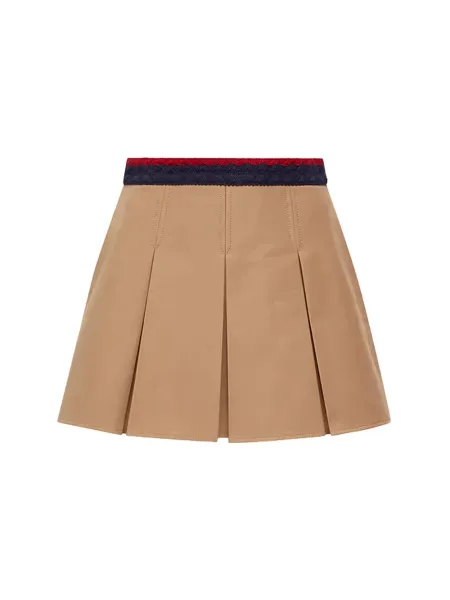 Women Cotton Gabardine Pleated Mini Skirt Beige