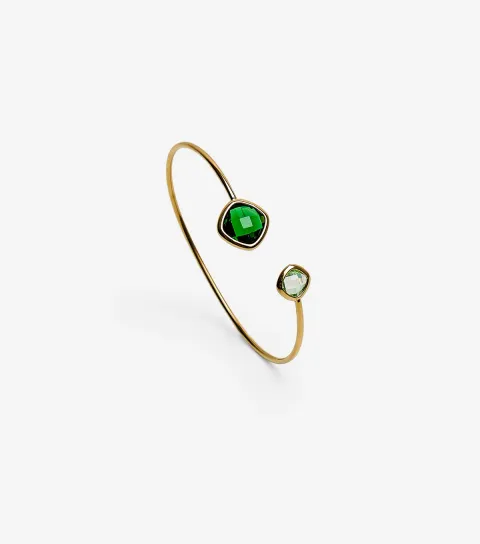 Gold Tone Green Charm Open Bangle