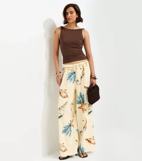 Women's Cream Linen Rich Seahorse Print Wide Leg Trousers