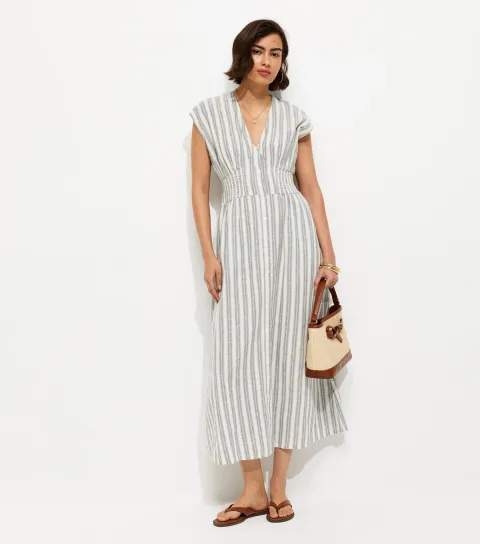Women's Blue Striped V-Neck Midi Dress
