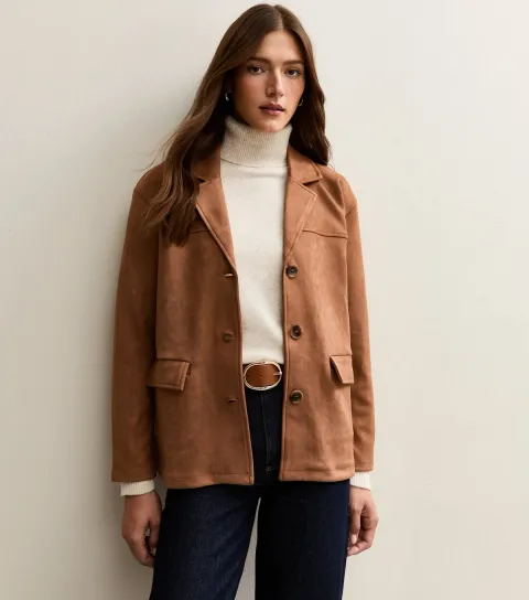 Women's Tan Faux Suede Button Up Jacket