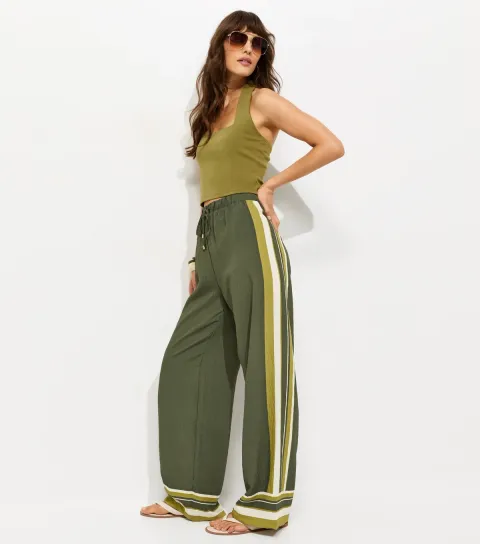 Women's Tall Green Striped Wide Leg Trousers