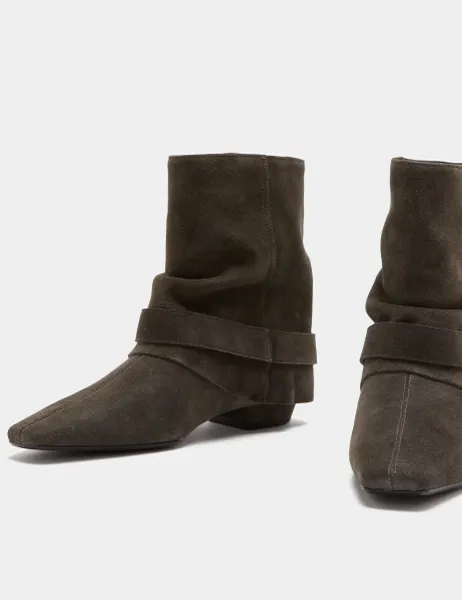 Marks & Spencer Suede Buckle Slouch Block Heel Ankle Boots Dark Grey