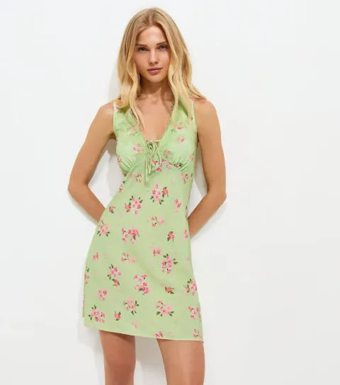New Look Women's Green Floral Lace Trim Sleeveless Mini Dress