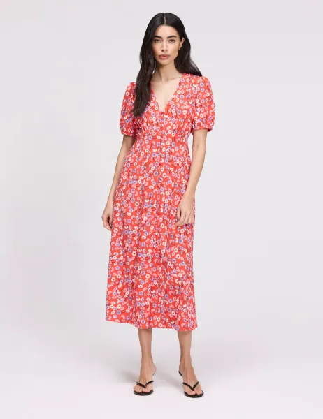 Finery London Floral Button Through Midi Waisted Dress Red Mix
