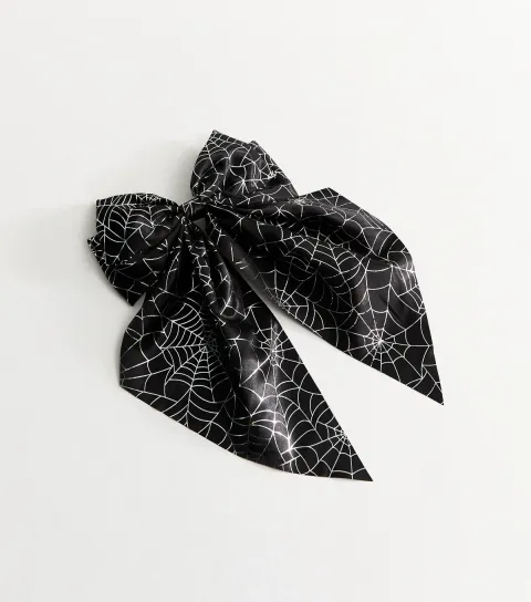 Black Halloween Spider Web Satin Bow Hair Slide