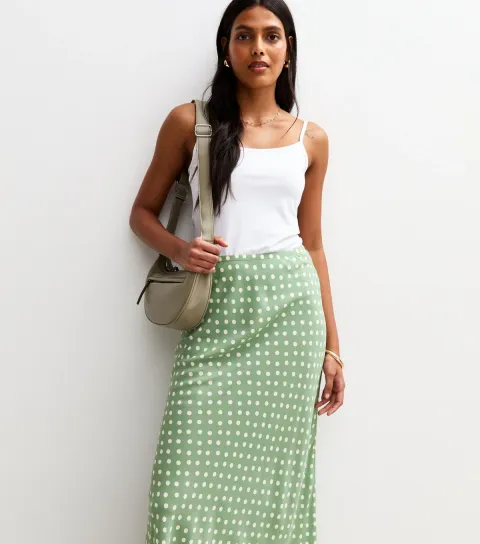 New Look Women's Green Spot Print Bias Cut Midi Skirt