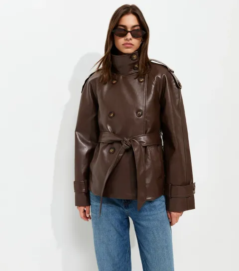 Women's Dark Brown Faux Leather Funnel Neck Belted Jacket